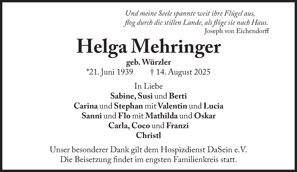  Traueranzeige für Helga Mehringer vom 23.08.2025 aus Süddeutsche Zeitung