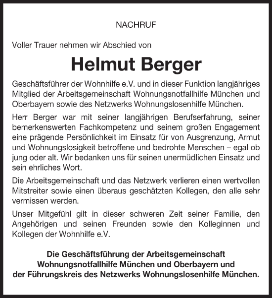 Traueranzeige von Helmut Berger von Süddeutsche Zeitung