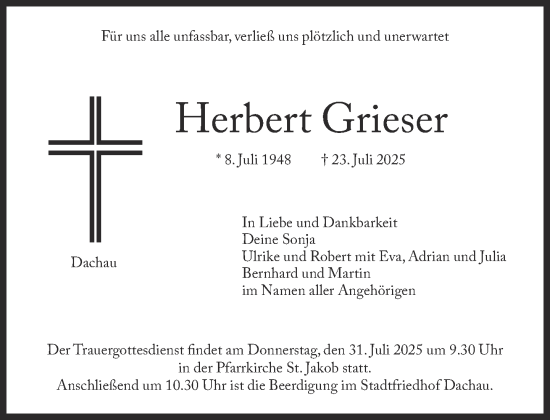 Traueranzeige von Herbert Grieser von Süddeutsche Zeitung