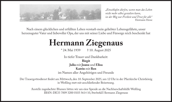 Traueranzeige von Hermann Ziegenaus von Süddeutsche Zeitung