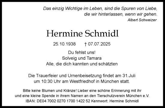 Traueranzeige von Hermine Schmidl von Süddeutsche Zeitung