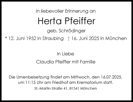 Traueranzeige von Herta Pfeiffer von Süddeutsche Zeitung