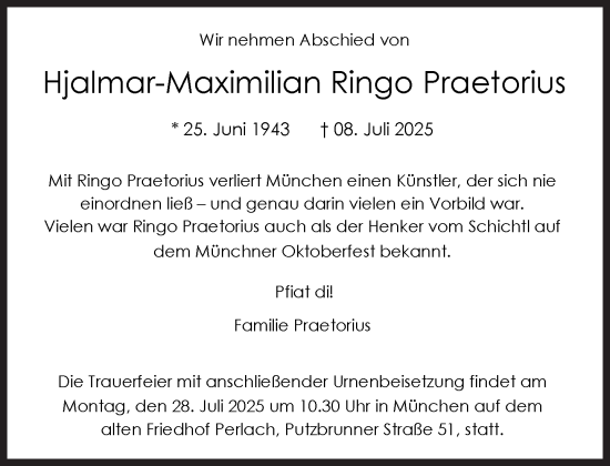 Traueranzeige von Hjalmar-Maximilian Ringo Praetorius von Süddeutsche Zeitung