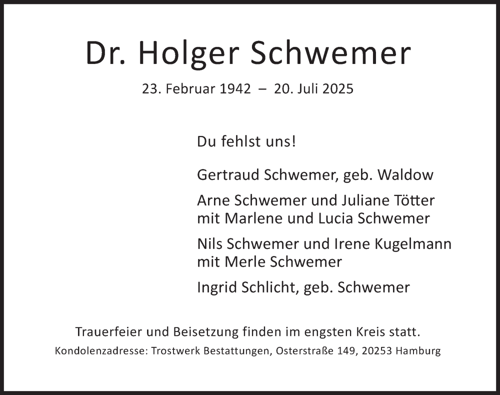  Traueranzeige für Holger Schwemer vom 02.08.2025 aus Süddeutsche Zeitung