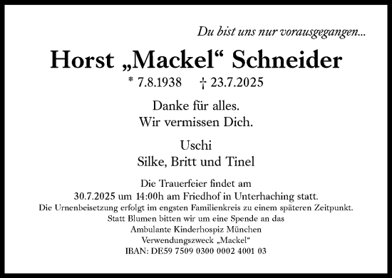 Traueranzeige von Horst Schneider von Süddeutsche Zeitung
