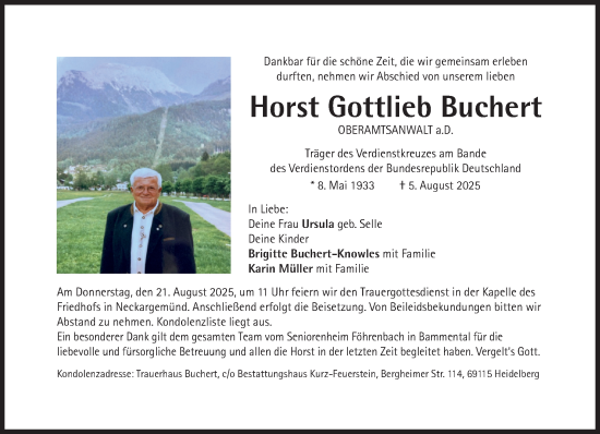 Traueranzeige von Horst Gottlieb Buchert von Süddeutsche Zeitung