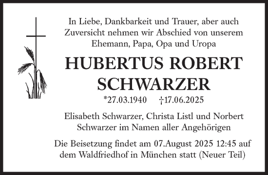 Traueranzeige von Hubertus Robert Schwarzer von Süddeutsche Zeitung