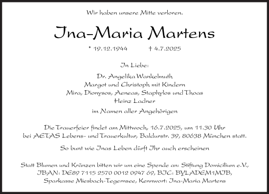 Traueranzeige von Ina-Maria Martens von Süddeutsche Zeitung