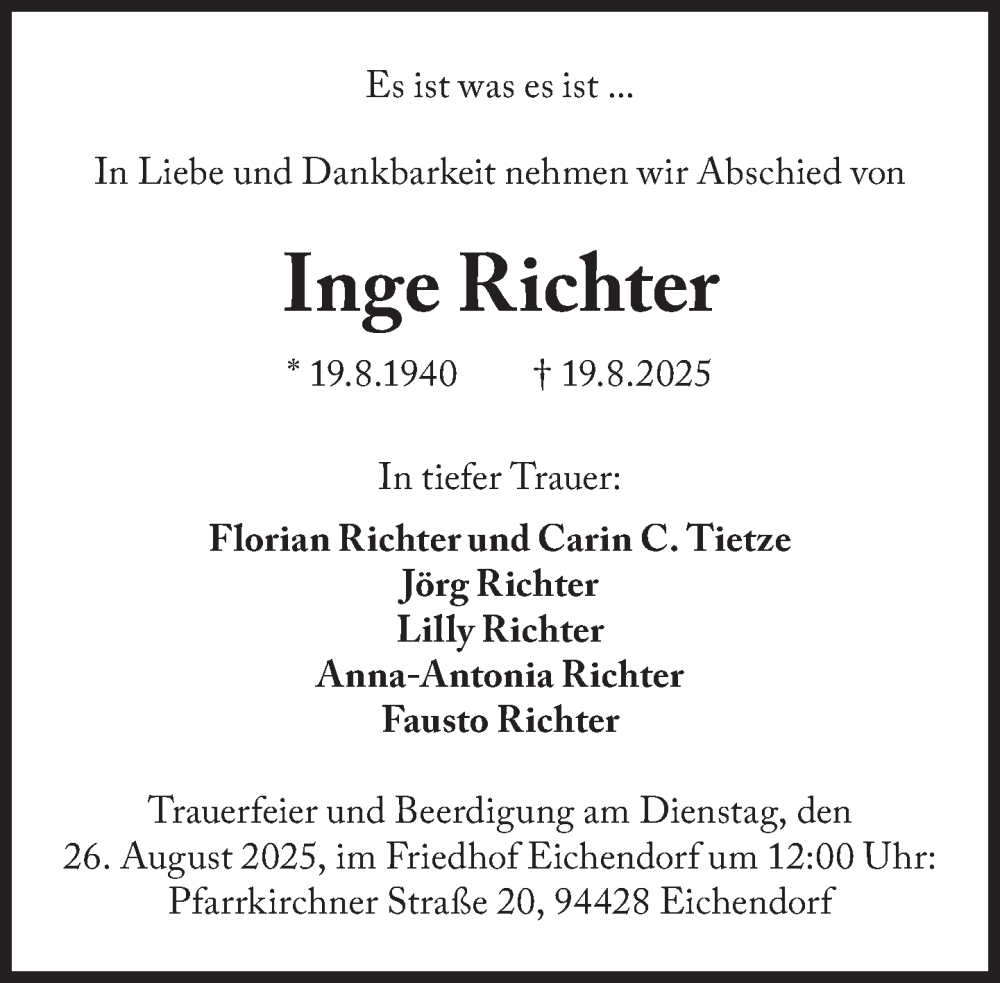  Traueranzeige für Inge Richter vom 23.08.2025 aus Süddeutsche Zeitung