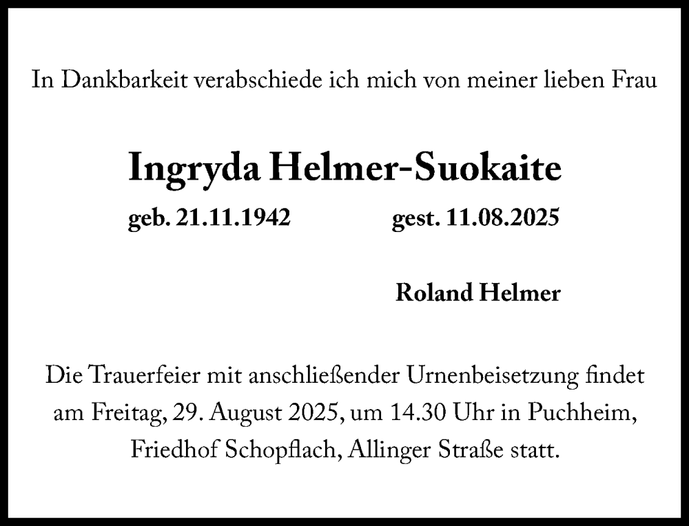  Traueranzeige für Ingryda Helmer-Suokaite vom 23.08.2025 aus Süddeutsche Zeitung