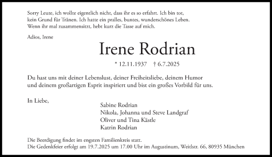 Traueranzeige von Irene Rodrian von Süddeutsche Zeitung