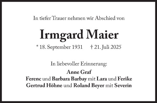 Traueranzeige von Irmgard Maier von Süddeutsche Zeitung