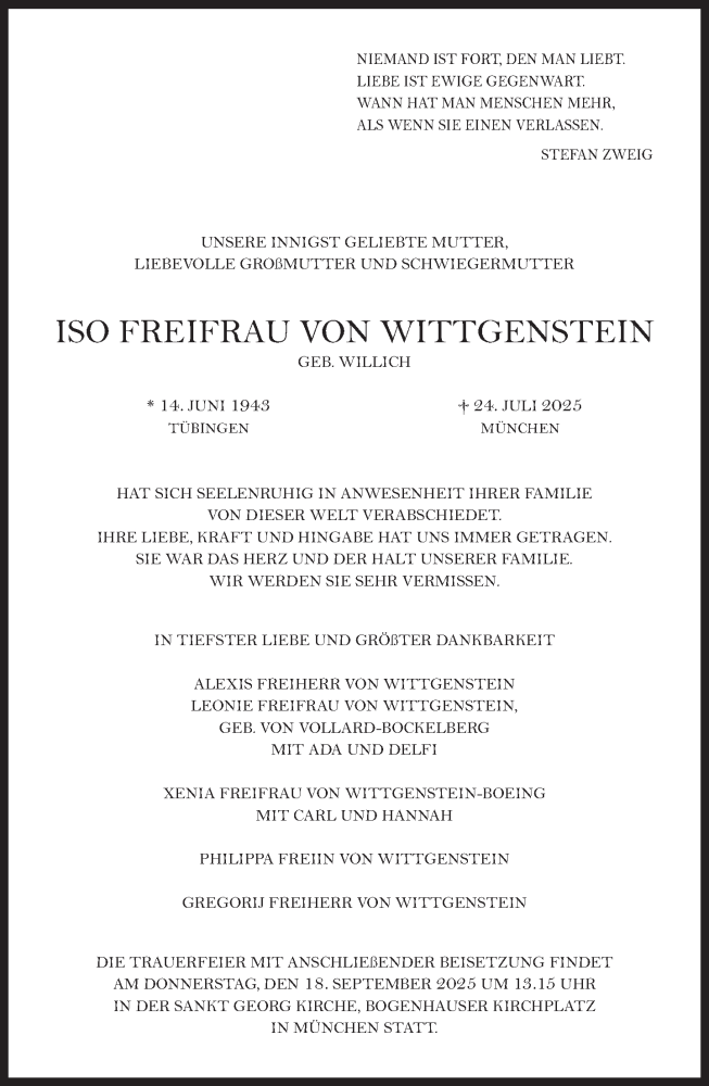 Traueranzeige für Iso Freifrau von Wittgenstein vom 02.08.2025 aus Süddeutsche Zeitung