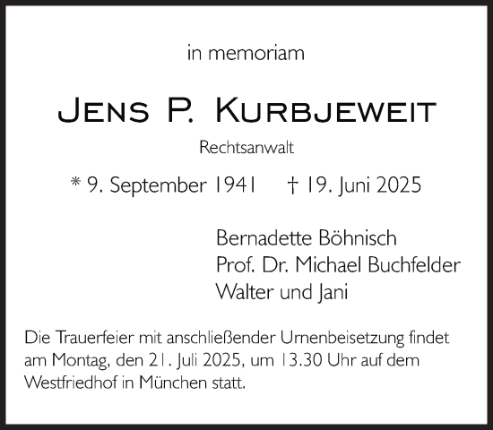 Traueranzeige von Jens Kurbjeweit von Süddeutsche Zeitung