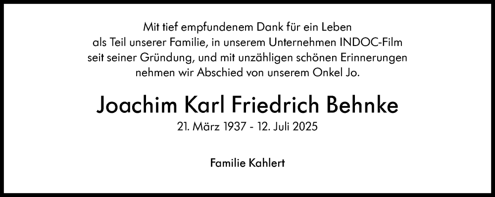  Traueranzeige für Joachim Karl Friedrich Behnke vom 09.08.2025 aus Süddeutsche Zeitung