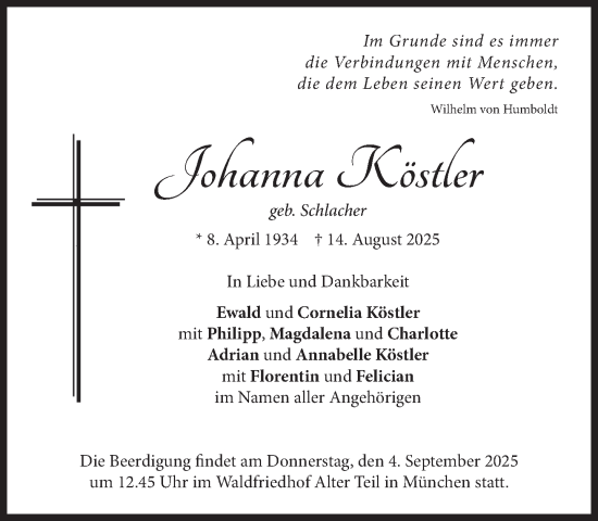 Traueranzeige von Johanna Köstler von Süddeutsche Zeitung