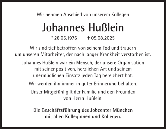 Traueranzeige von Johannes Hußlein von Süddeutsche Zeitung