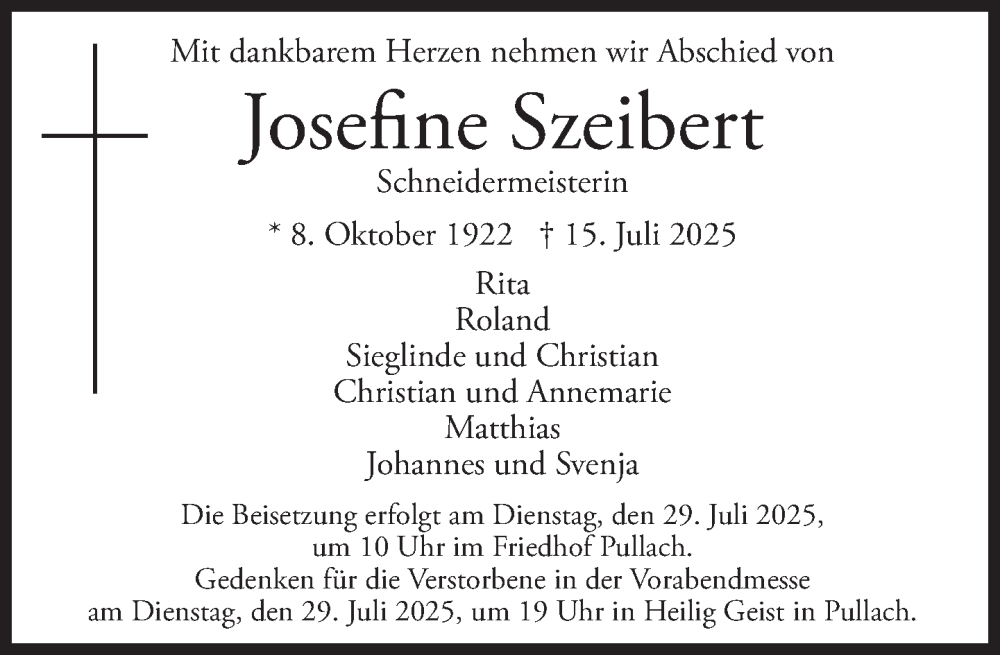  Traueranzeige für Josefine Szeibert vom 22.07.2025 aus Süddeutsche Zeitung