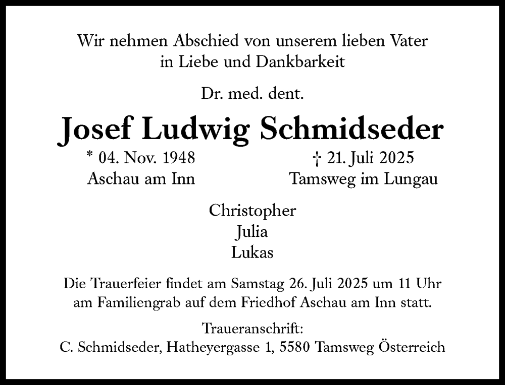  Traueranzeige für Josef Ludwig Schmidseder vom 25.07.2025 aus Süddeutsche Zeitung