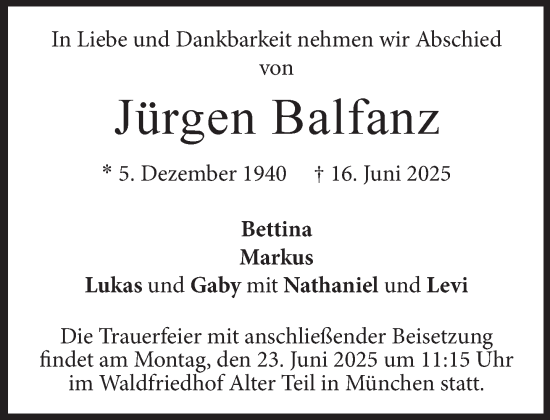 Traueranzeige von Jürgen Balfanz von Süddeutsche Zeitung