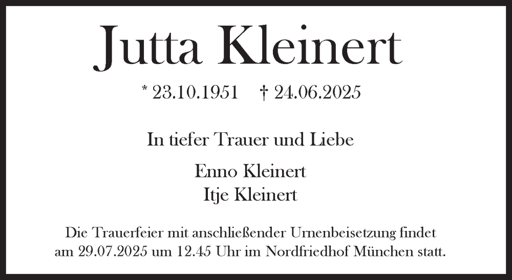  Traueranzeige für Jutta Kleinert vom 19.07.2025 aus Süddeutsche Zeitung
