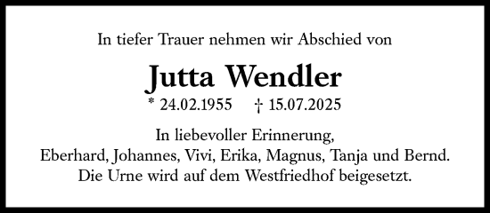 Traueranzeige von Jutta Wendler von Süddeutsche Zeitung