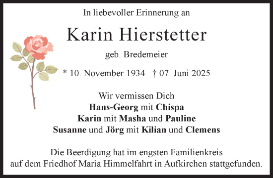 Traueranzeige von Karin Hierstetter von Süddeutsche Zeitung