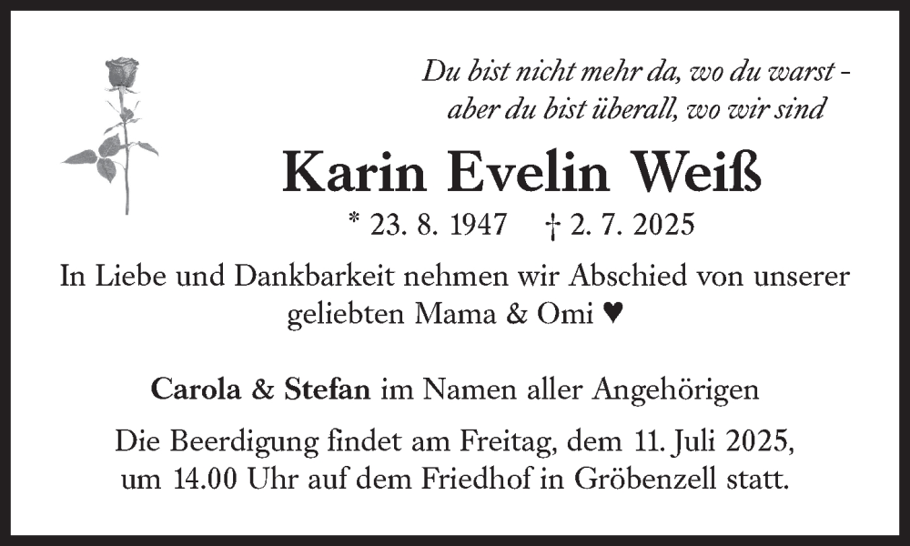  Traueranzeige für Karin Evelin Weiß vom 05.07.2025 aus Süddeutsche Zeitung