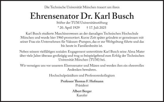 Traueranzeige von Karl Busch von Süddeutsche Zeitung