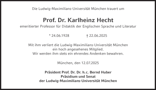 Traueranzeige von Karlheinz Hecht von Süddeutsche Zeitung