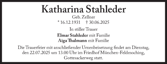 Traueranzeige von Katharina Stahleder von Süddeutsche Zeitung
