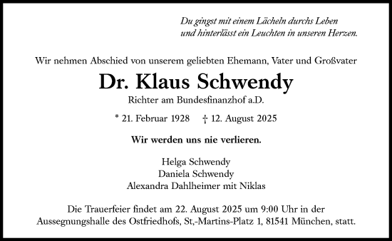 Traueranzeige von Klaus Schwendy von Süddeutsche Zeitung