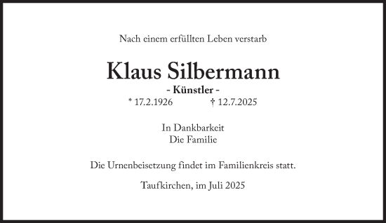 Traueranzeige von Klaus Silbermann von Süddeutsche Zeitung