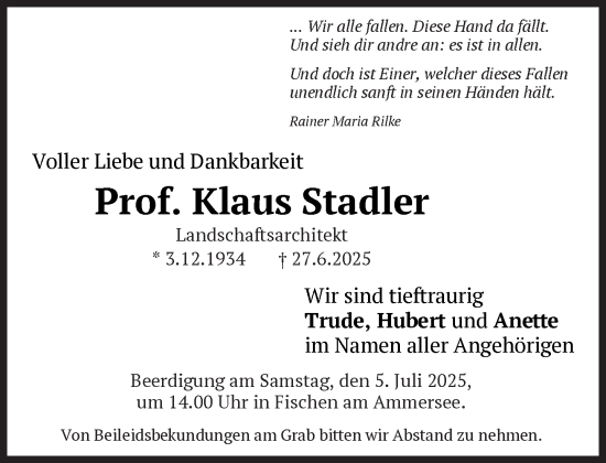 Traueranzeige von Klaus Stadler von Süddeutsche Zeitung