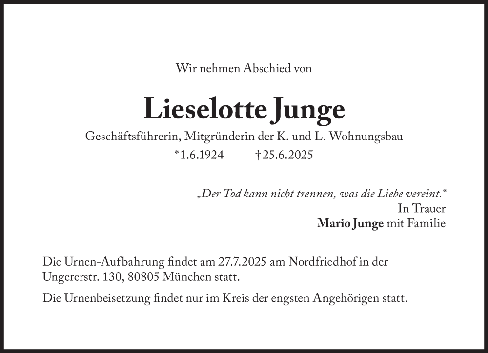  Traueranzeige für Lieselotte Junge vom 19.07.2025 aus Süddeutsche Zeitung