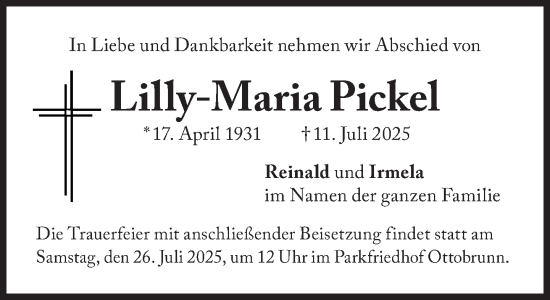 Traueranzeige von Lilly-Maria Pickel von Süddeutsche Zeitung
