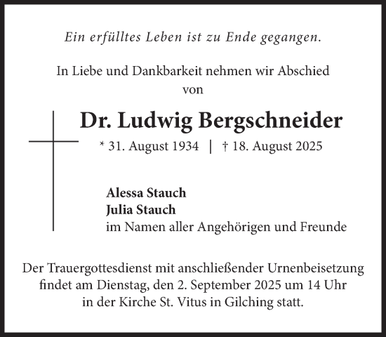 Traueranzeige von Ludwig Bergschneider von Süddeutsche Zeitung