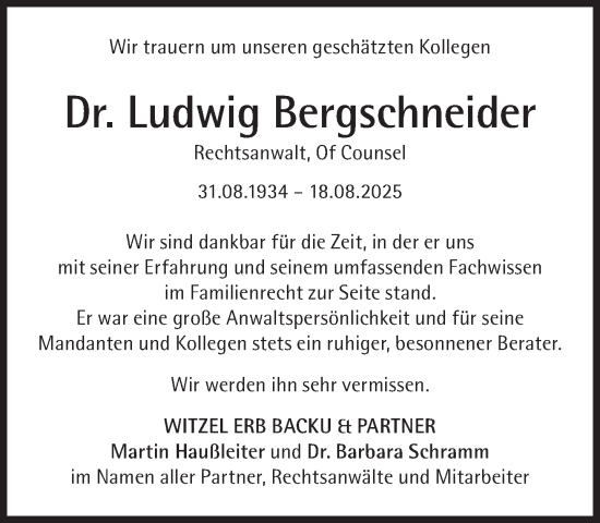 Traueranzeige von Ludwig Bergschneider von Süddeutsche Zeitung
