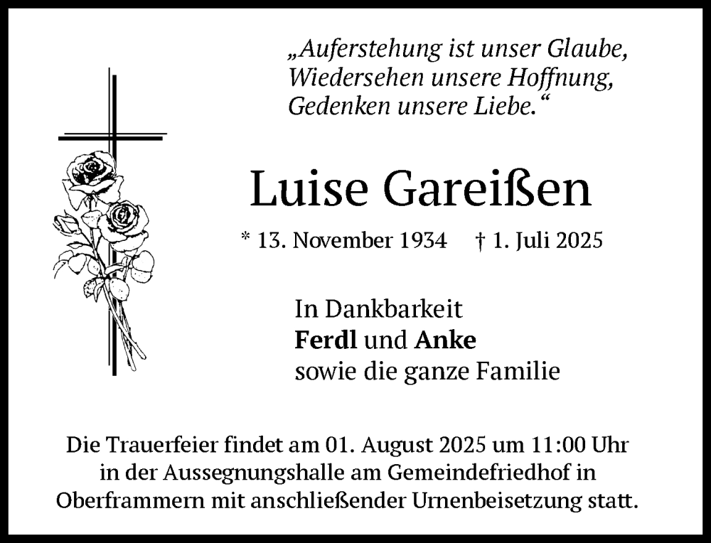  Traueranzeige für Luise Gareißen vom 26.07.2025 aus Süddeutsche Zeitung