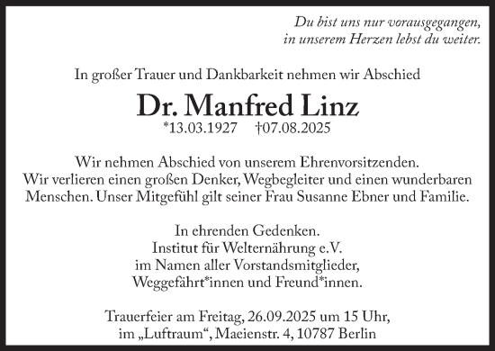 Traueranzeige von Manfred Linz von Süddeutsche Zeitung