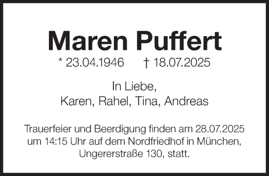 Traueranzeige von Maren Puffert von Süddeutsche Zeitung