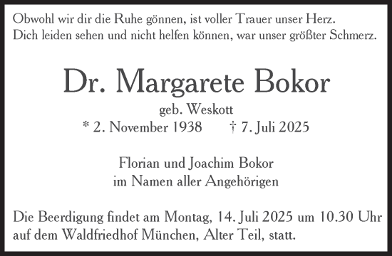 Traueranzeige von Margarete Bokor von Süddeutsche Zeitung