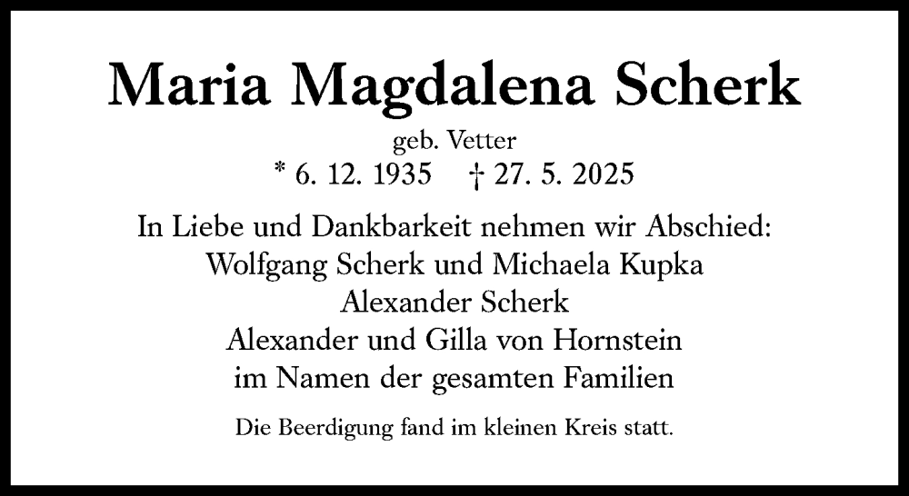  Traueranzeige für Maria Magdalena Scherk vom 12.07.2025 aus Süddeutsche Zeitung
