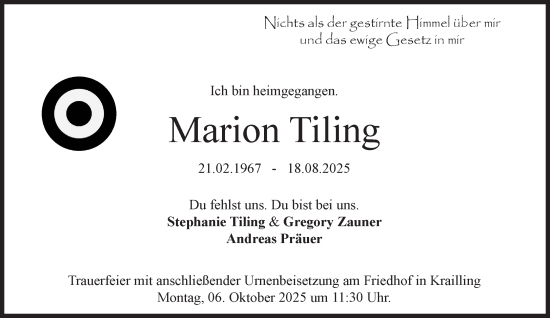 Traueranzeige von Marion Tiling von Süddeutsche Zeitung