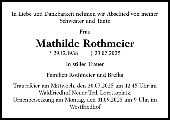 Traueranzeige von Mathilde Rothmeier von Süddeutsche Zeitung