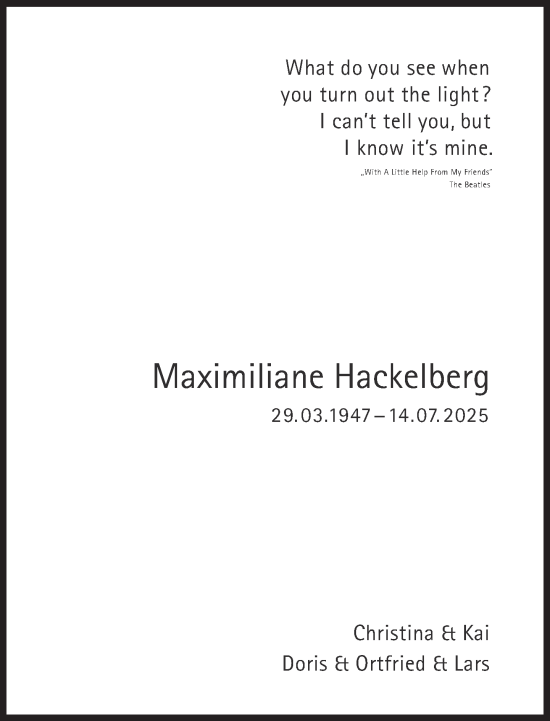 Traueranzeige von Maximiliane Hackelberg von Süddeutsche Zeitung
