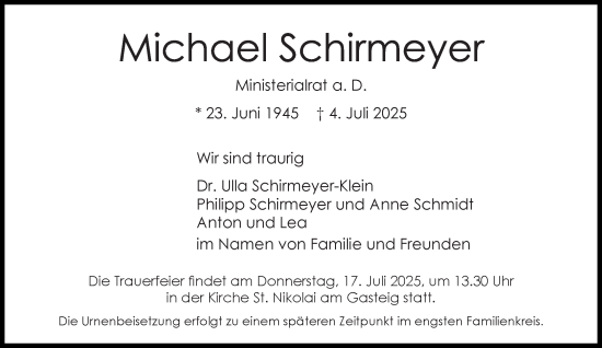 Traueranzeige von Michael Schirmeyer von Süddeutsche Zeitung