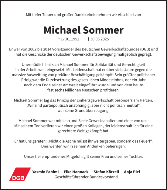 Traueranzeige von Michael Sommer von Süddeutsche Zeitung