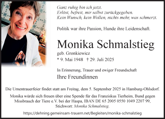 Traueranzeige von Monika Schmalstieg von Süddeutsche Zeitung