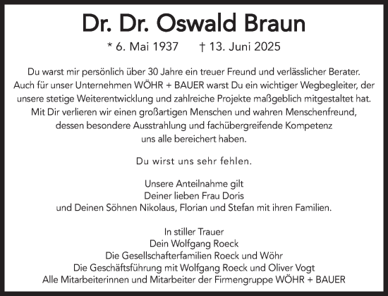 Traueranzeige von Oswald Braun von Süddeutsche Zeitung